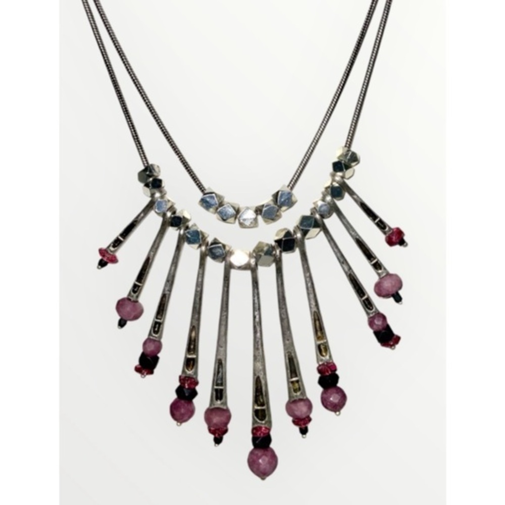 Chico’s Silver Purple Studs Beads Spikes Modern Statement Double Necklace 18-20”